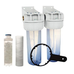Filtre duo complet F3/4" livré avec cartouche nylon 20 microns + cartouche polyphosphate + clé + support- EUROACQUE - DX251150A